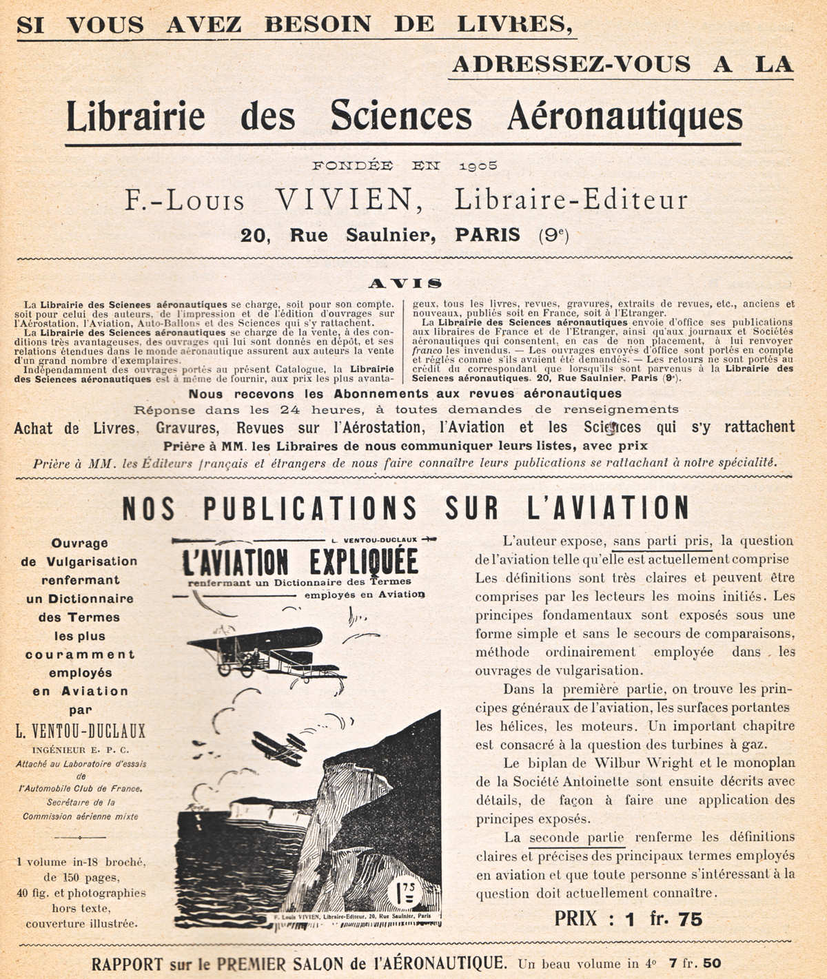 Réclame Librairie des Sciences Aéronautiques