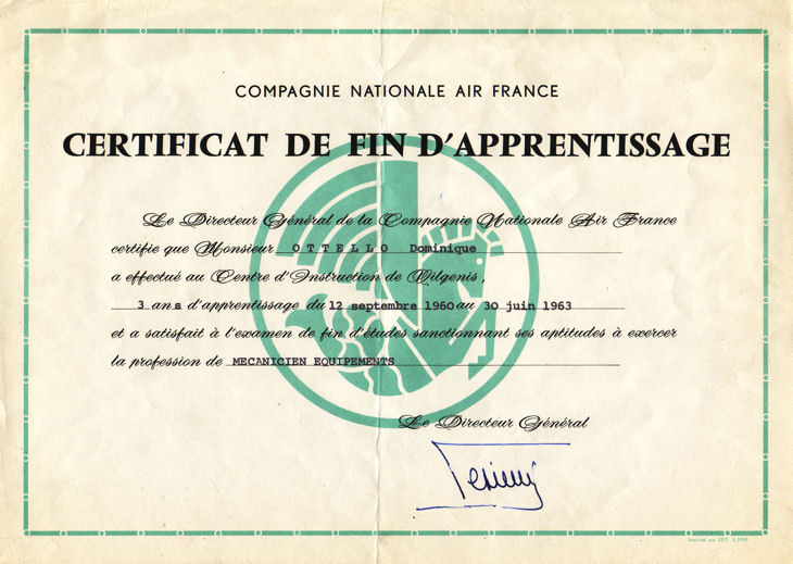 Certificat Fin Apprentissage 1963