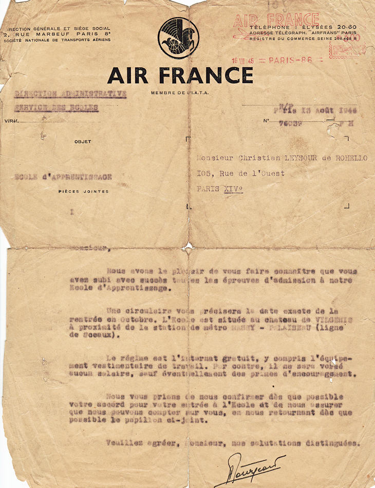 Lettre d'admission août 1946
